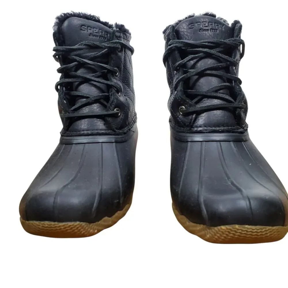 Sperry Saltwater Winter Luxe Duck Boots Womens 7M Black Quilt Leather Lined